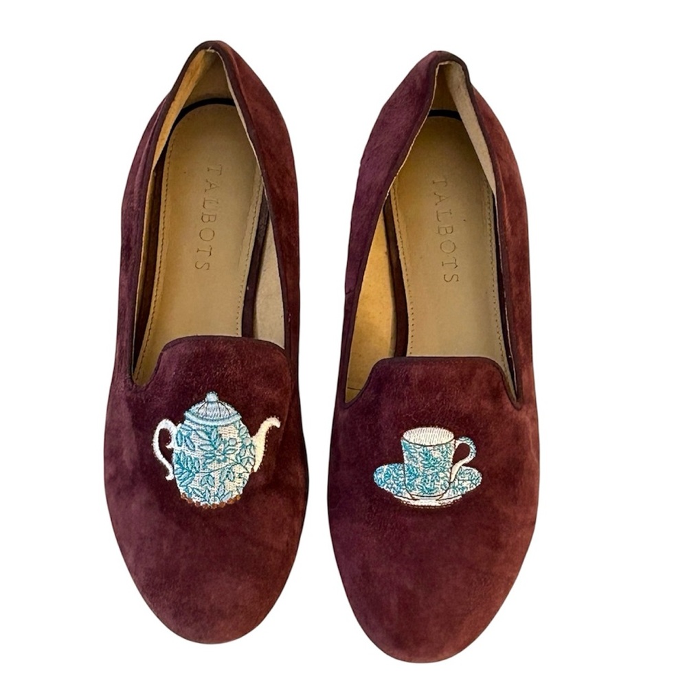 Talbots Ryan Buckle Loafers Embroidered Teapot Teacup Purple Suede Leather Sz 8